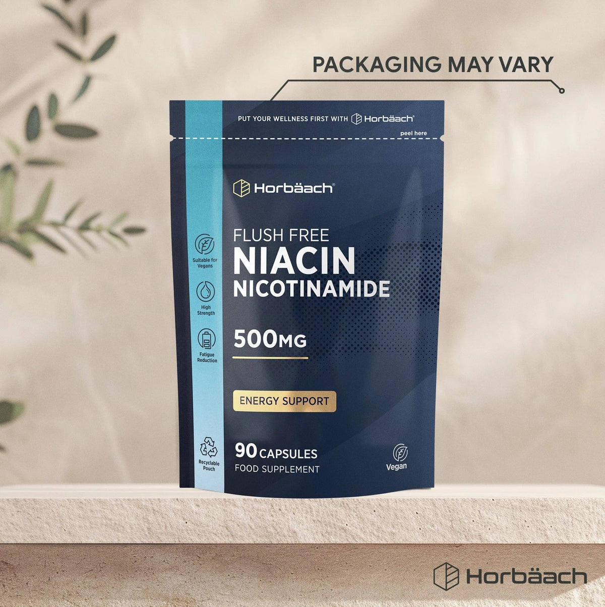 Horbäach Flush Free Niacin Nicotinamide 500mg, 90 Vegan Capsules for energy support, packaged in a recyclable pouch.