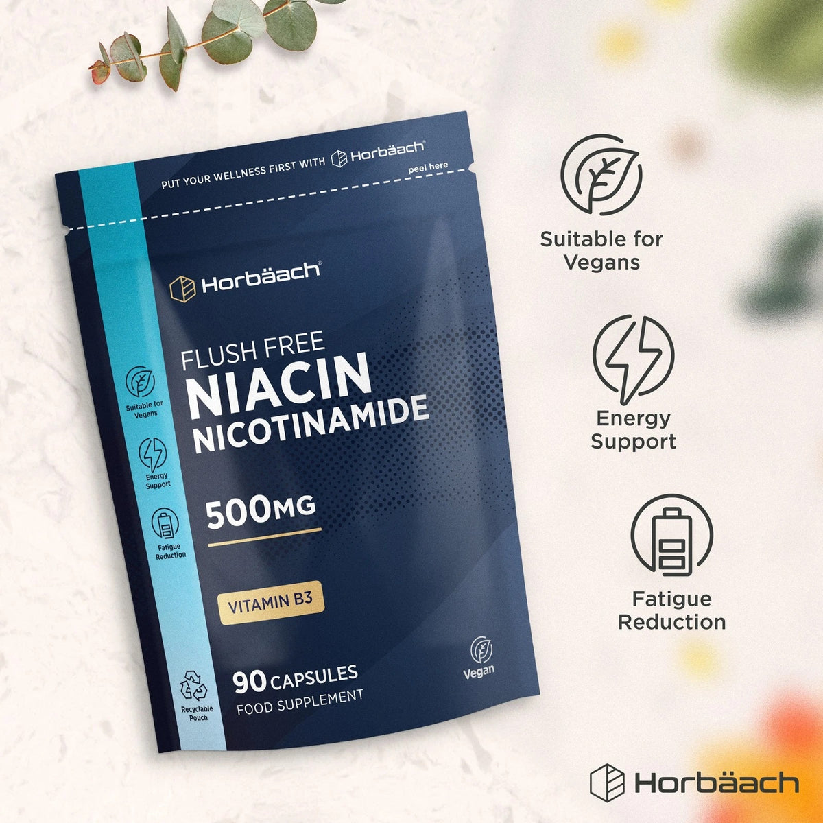 Horbäach Flush Free Niacin Nicotinamide 500mg bottle with 90 vegan capsules. It's a vitamin B3 food supplement.