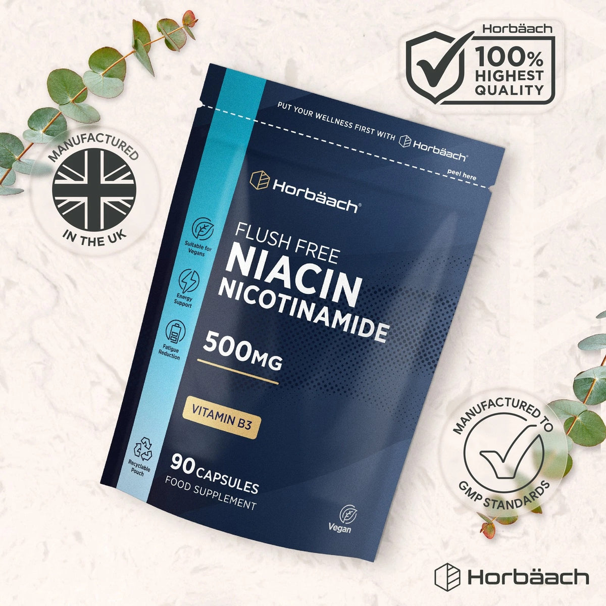 Horbäach Flush Free Niacin Nicotinamide 500mg with 90 vegan capsules; a food supplement.