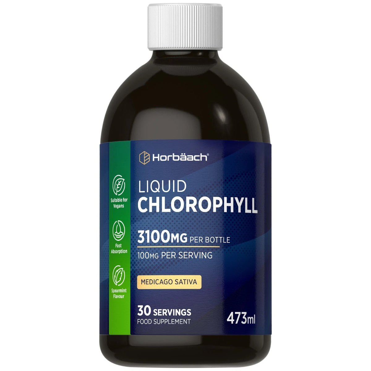 Horbäach Liquid Chlorophyll bottle, 100mg per serving, 473ml size.