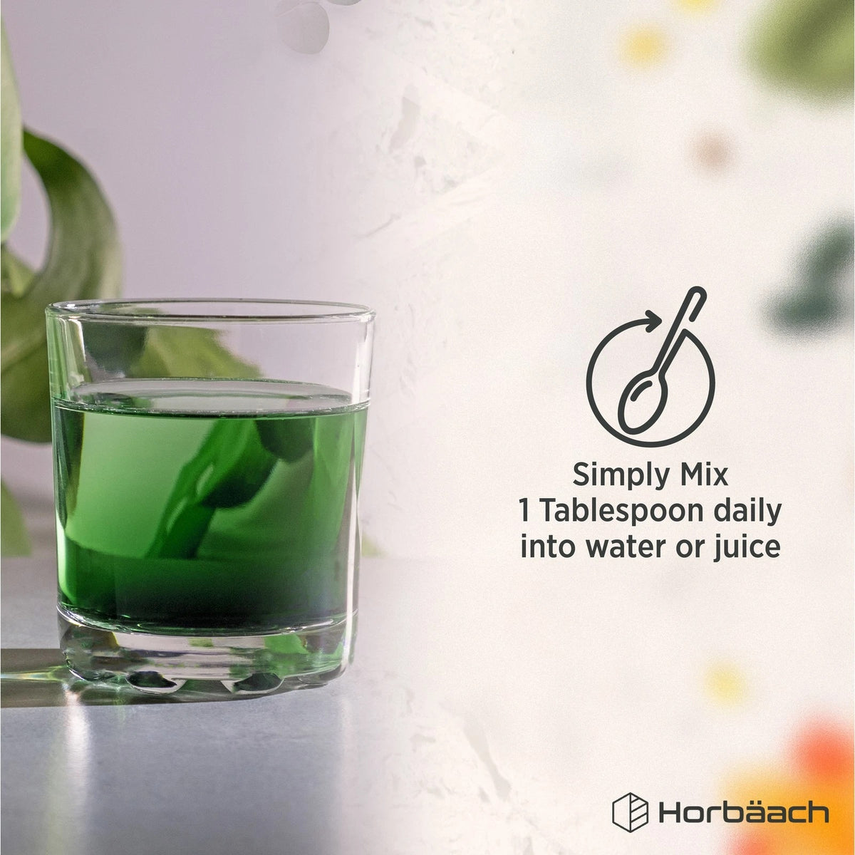 Green chlorophyll liquid in glass with a spoon icon and text: 'Simply mix 1 tablespoon daily into water or juice'.