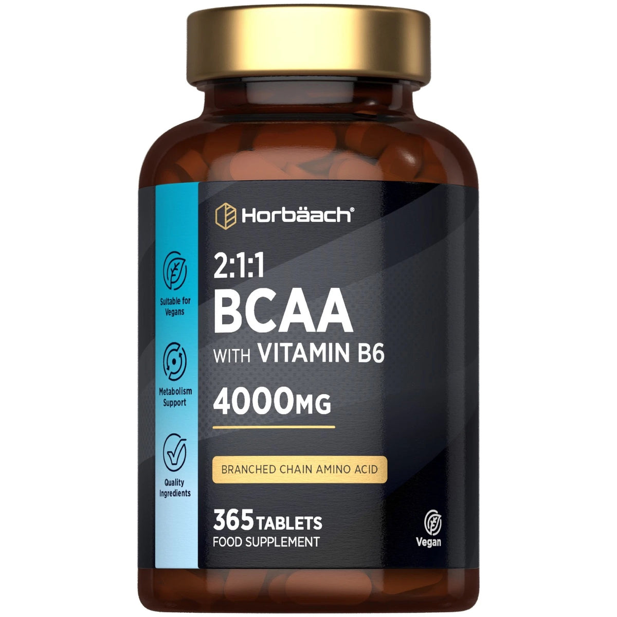 BCAA supplement with 2:1:1 ratio and Vitamin B6, 4000mg, 365 vegan tablets, suitable for various dietary needs.