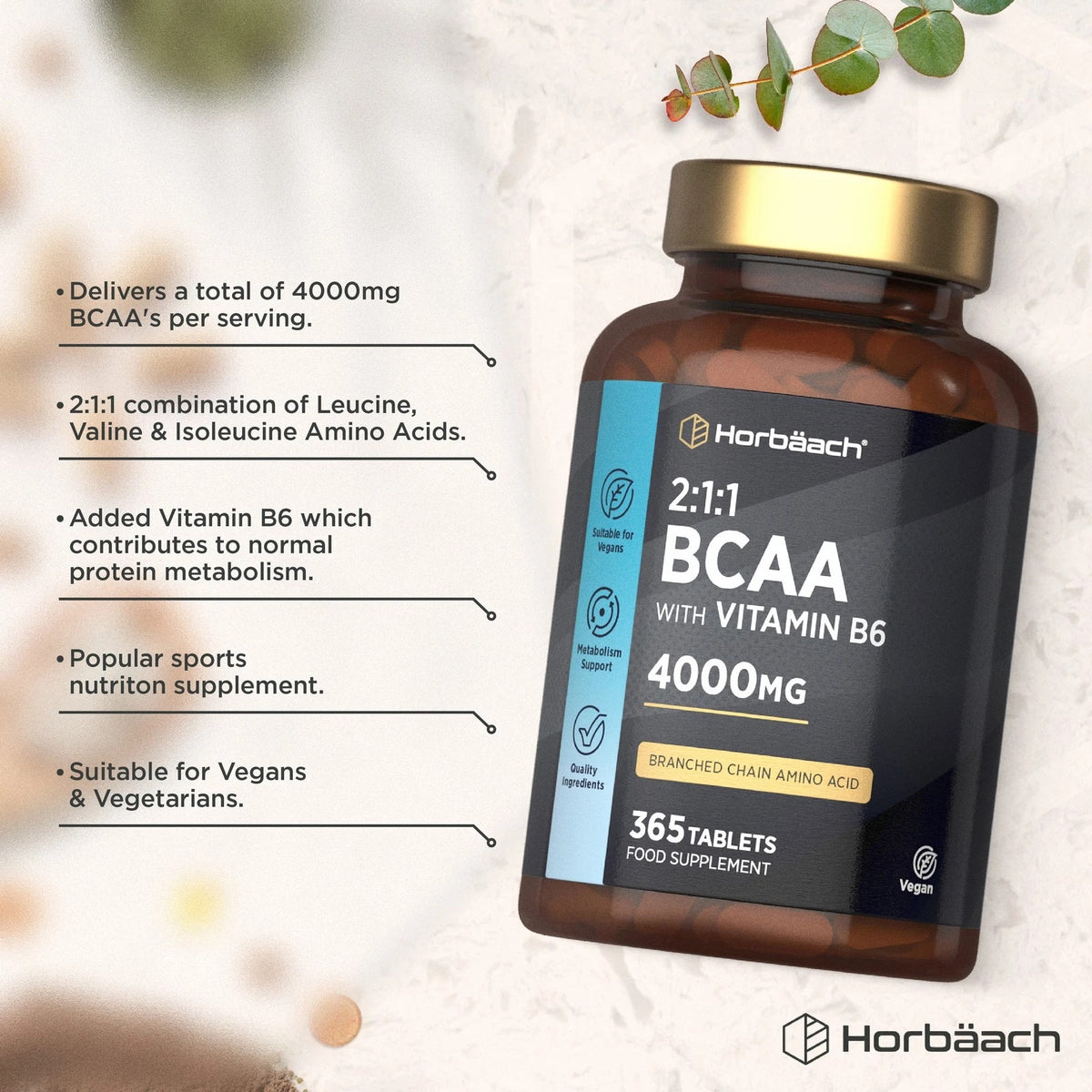 Horbäach BCAA 2:1:1 with Vitamin B6, 4000mg, 365 tablets, food supplement.