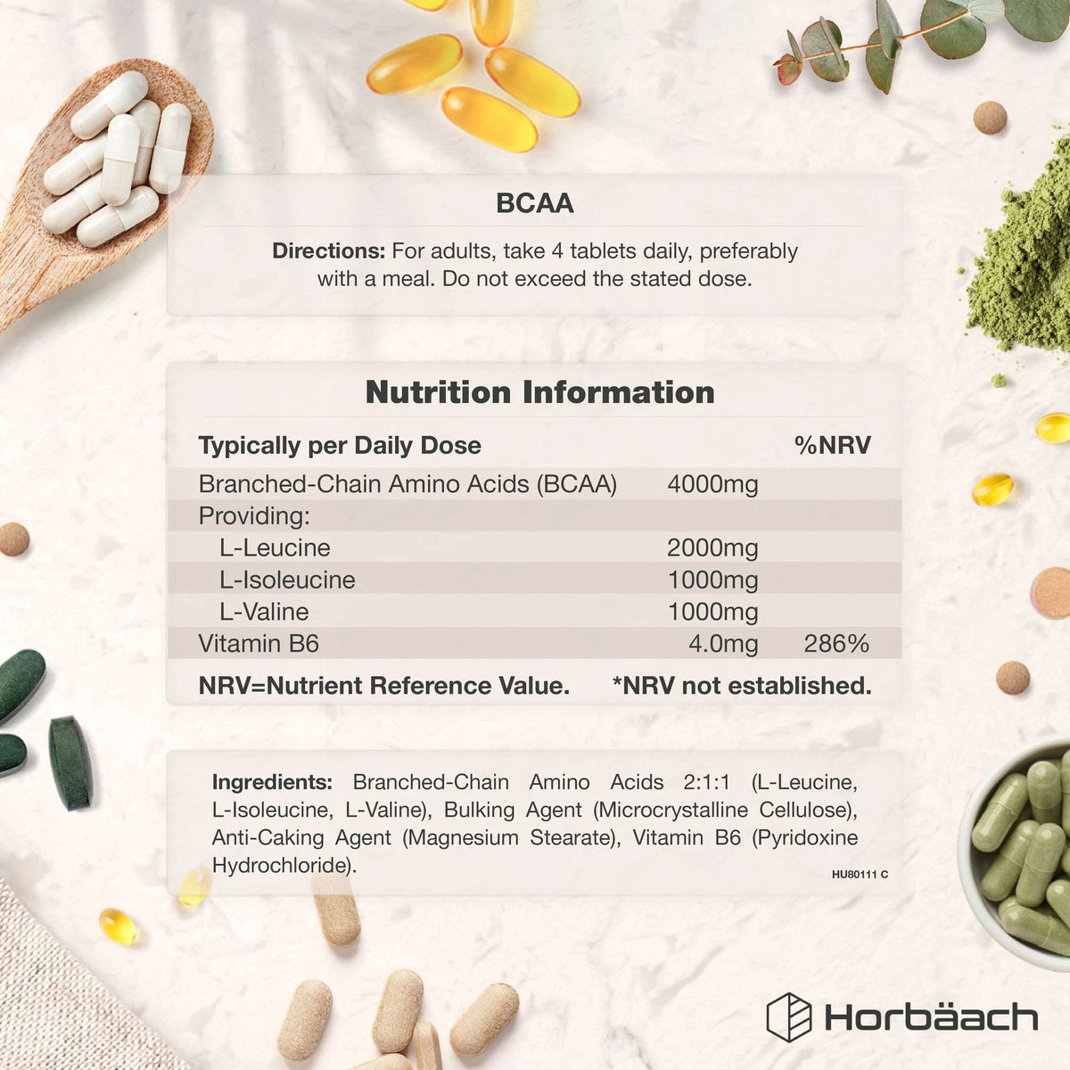 BCAA 4000mg tablets with L-Leucine 2000mg, L-Isoleucine 1000mg, L-Valine 1000mg in 2:1:1 ratio, and Vitamin B6 4.0mg.