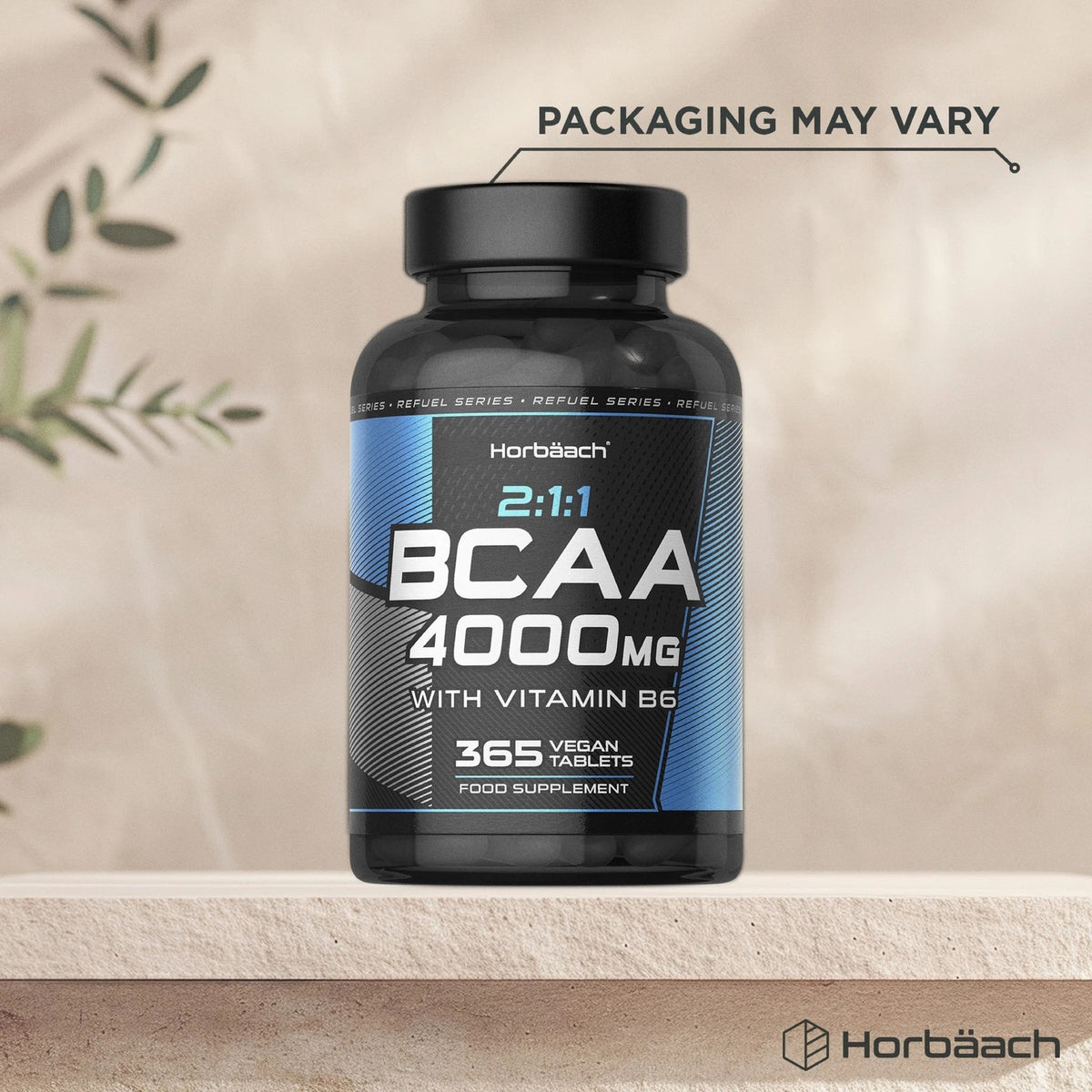 Horbäach 2:1:1 BCAA supplement with 4000mg and Vitamin B6, includes 365 vegan tablets, dietary aid.