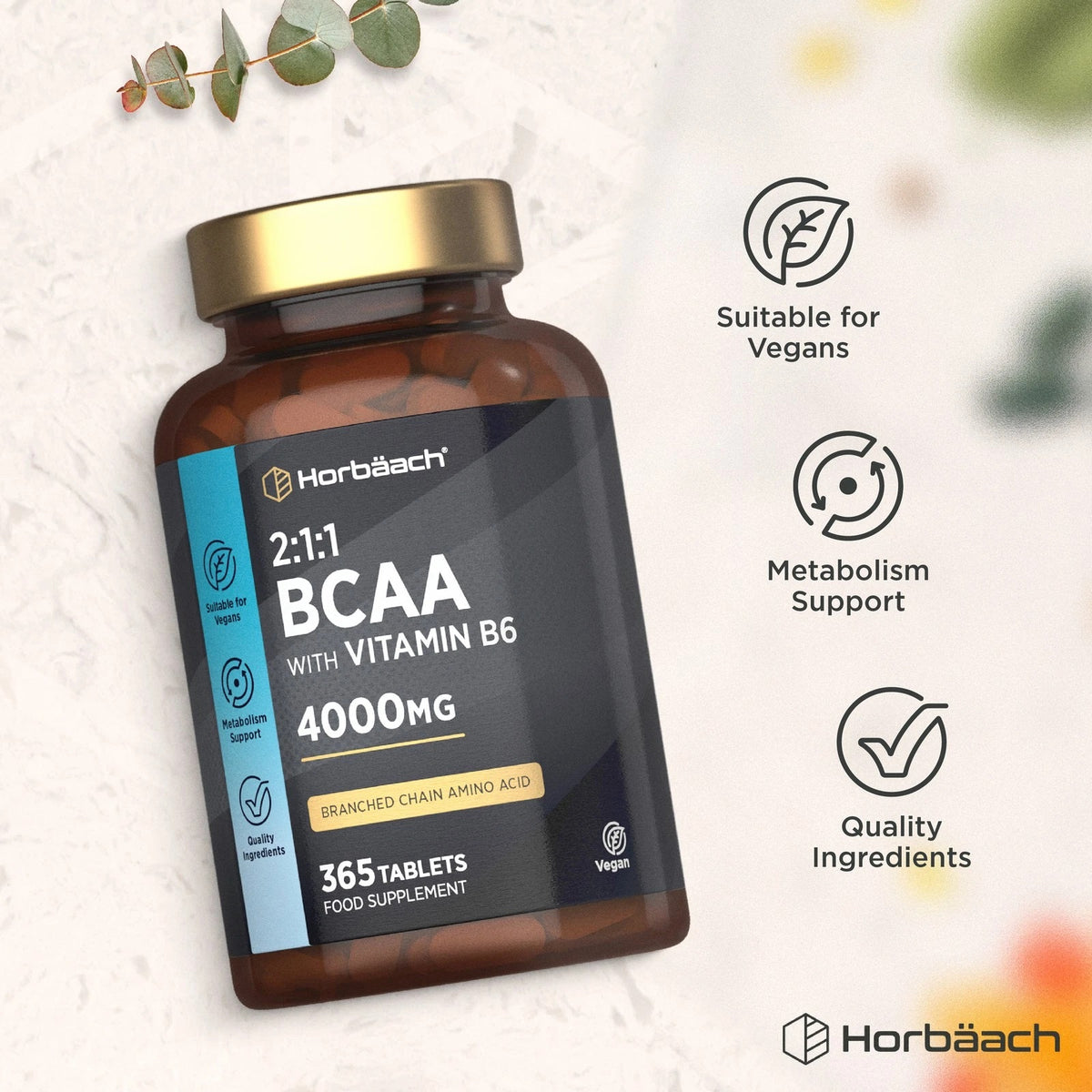 BCAA 2:1:1 with Vitamin B6, 4000mg, 365 Vegan Tablets for Metabolism Support with Quality Ingredients.