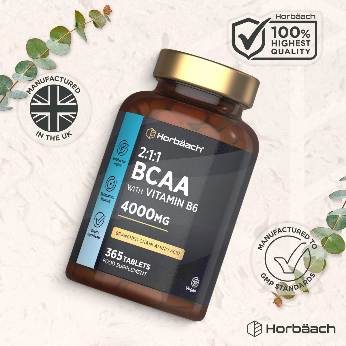 Horbäach BCAA 2:1:1 with Vitamin B6, 4000mg, 365 Vegan Tablets, a supplement for metabolism support with quality ingredients.