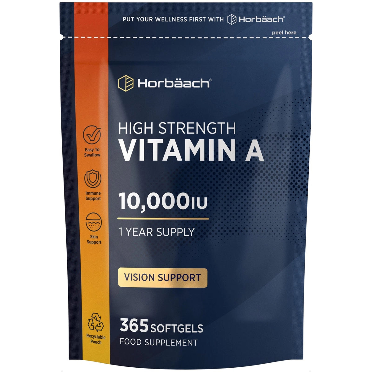 Vitamin A 10000IU, 365 softgels for 1 year. High strength, easy to swallow, supports immune system, skin, and vision.