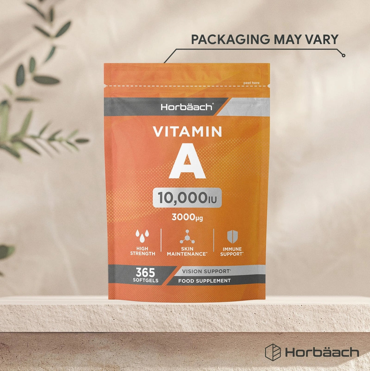 Horbäach Vitamin A 10,000 IU (3000 µg) food supplement, 365 softgels pouch.