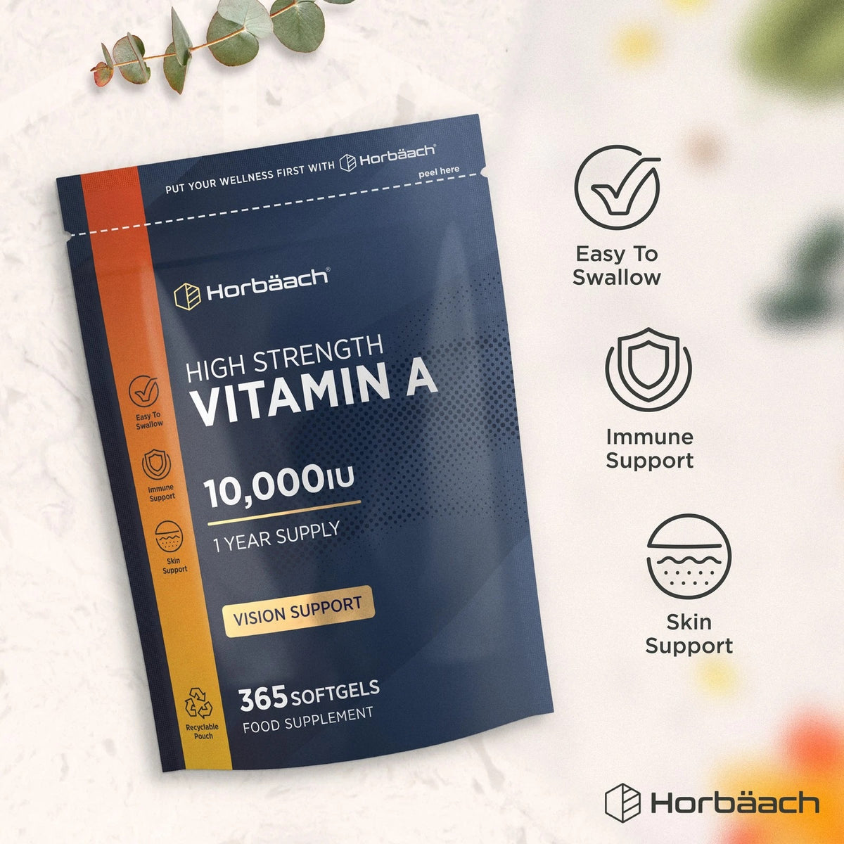 Vitamin A 10,000IU 365 Softgels come in a recyclable pouch, offering a one-year supply. Perfect for daily health needs.