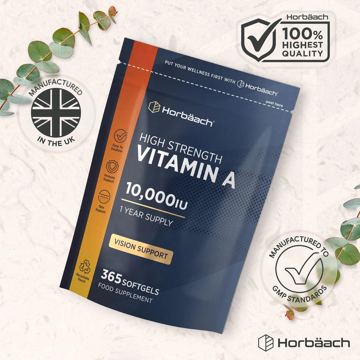 High Strength Vitamin A 10,000IU, 365 Softgels for a 1-year supply, supporting vision as a food supplement.