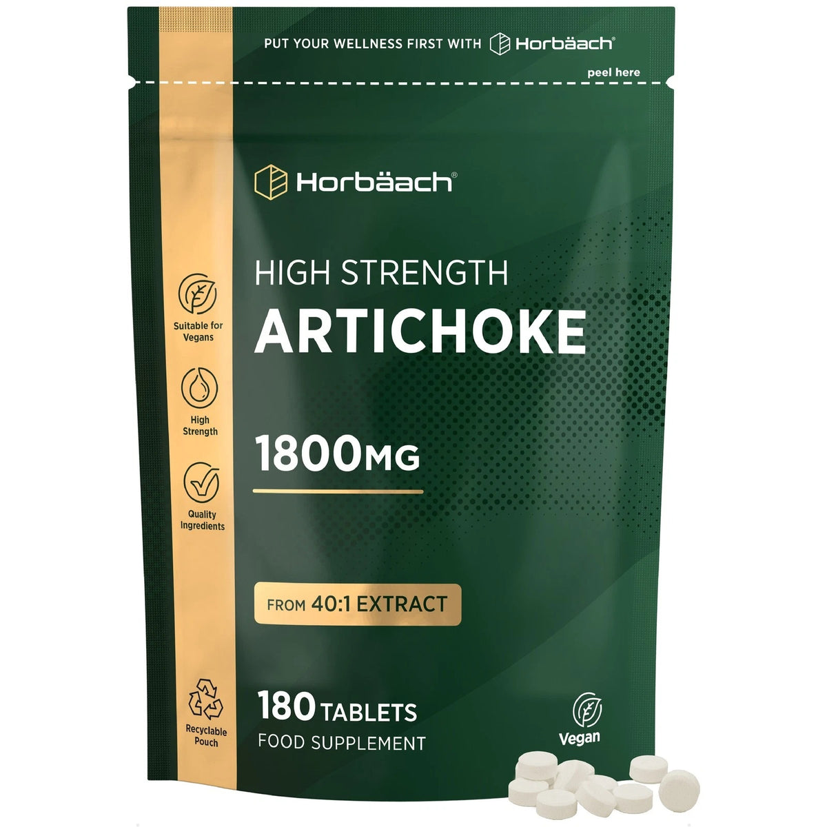 Horbäach High Strength Artichoke 1800mg with 40:1 Extract in a recyclable pouch, 180 vegan tablets.