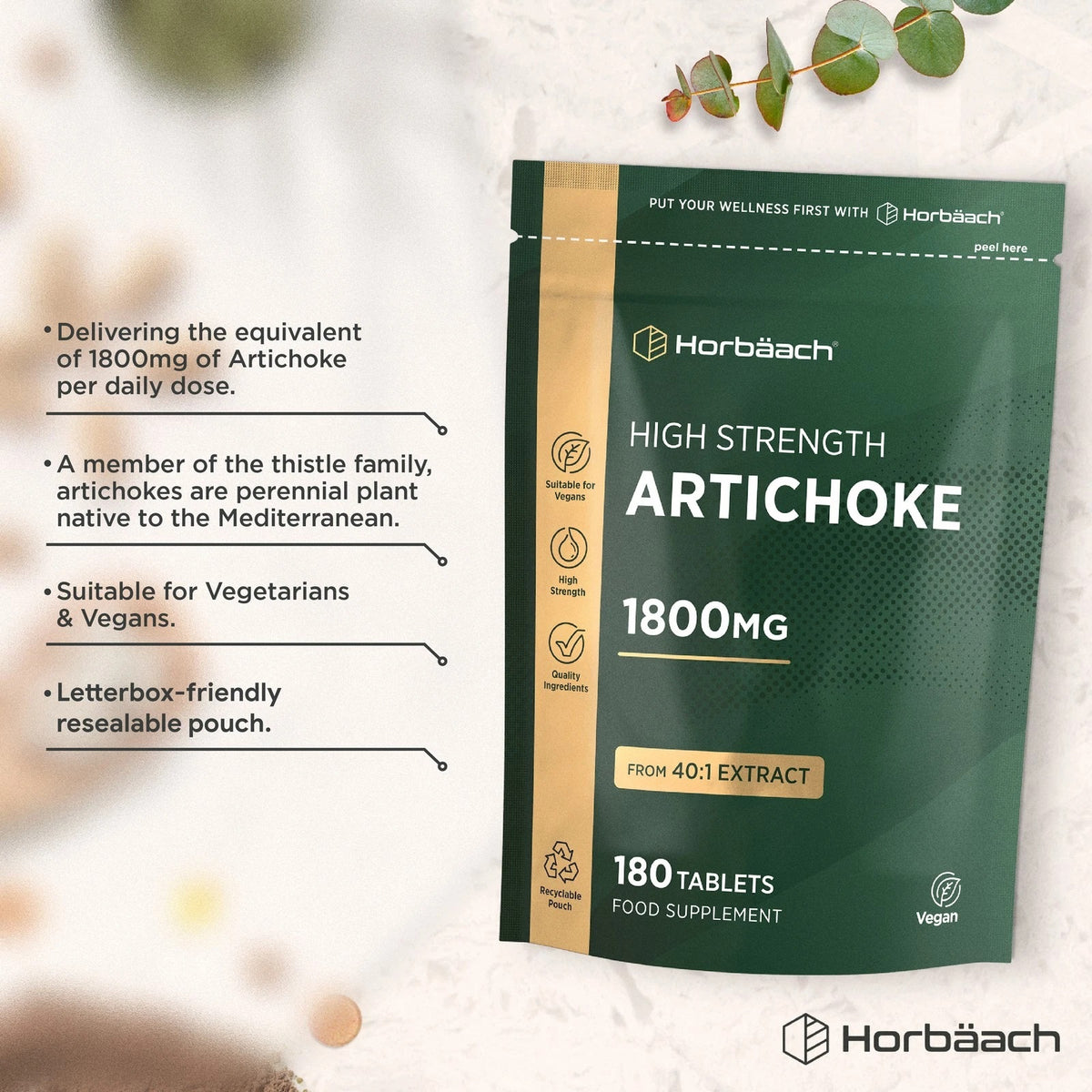 Horbäach High Strength Artichoke 1800mg from 40:1 Extract, 180 Tablets Food Supplement in a resealable pouch.