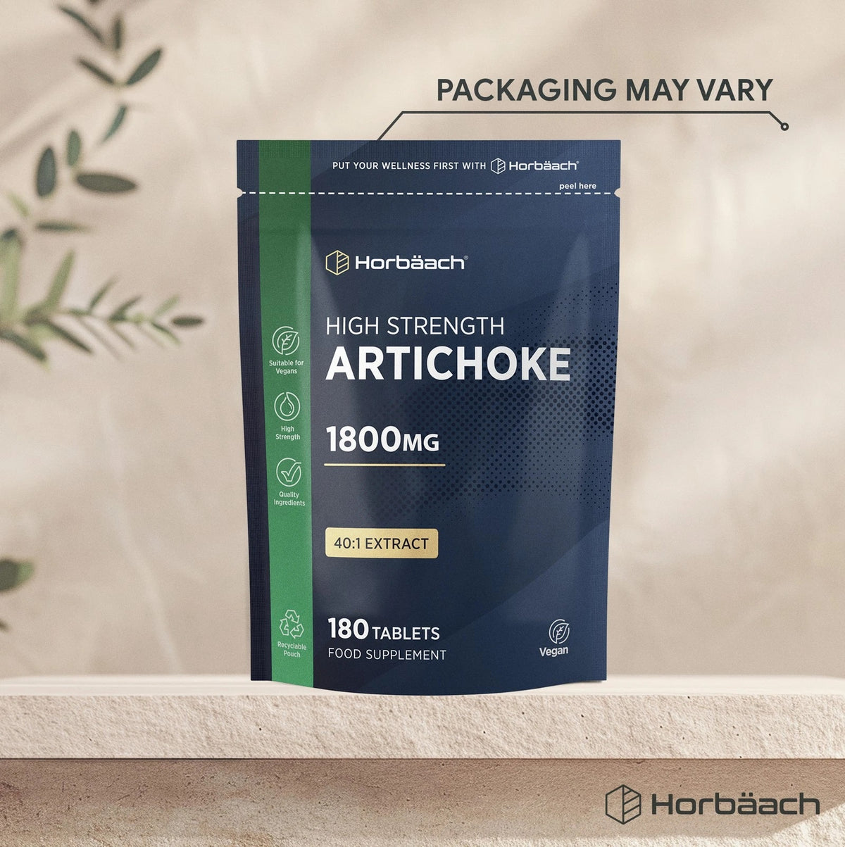 Horbäach High Strength Artichoke 1800mg 40:1 Extract provides 180 tablets, vegan-friendly, in a recyclable pouch.