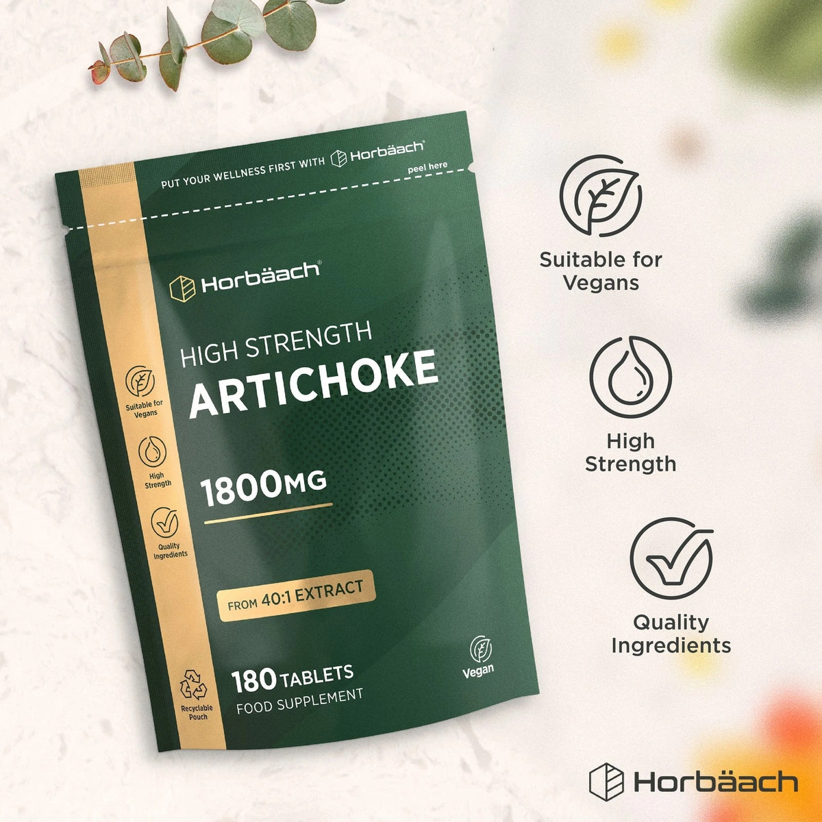 Horbäach High Strength Artichoke 1800MG, 180 Tablets Food Supplement in a pouch. From 40:1 Extract. Suitable for Vegans.