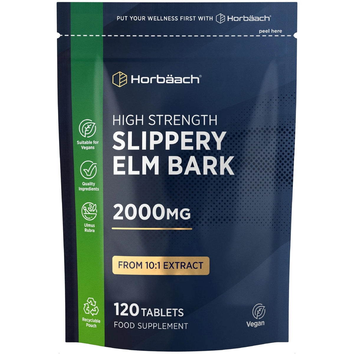 High Strength Slippery Elm Bark 2000mg, 120 Tablets, made from 10:1 Extract. Vegan and in a recyclable pouch.