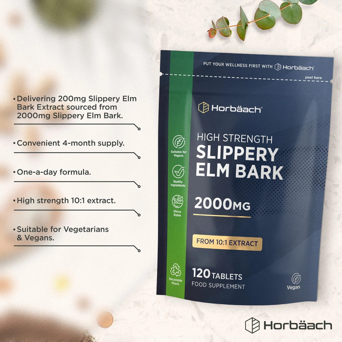 High Strength Slippery Elm Bark 2000mg from 10:1 Extract, 120 Tablets, Food Supplement, Vegan-friendly product.