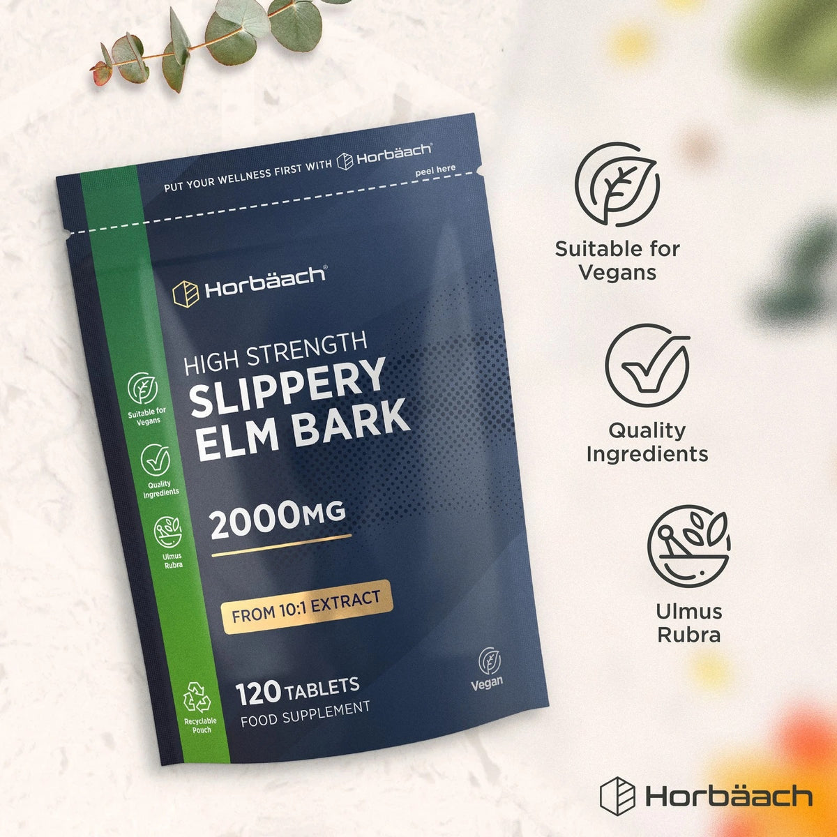 High strength Slippery Elm Bark 2000mg, 120 tablets from 10:1 extract. Recyclable, vegan pouch.