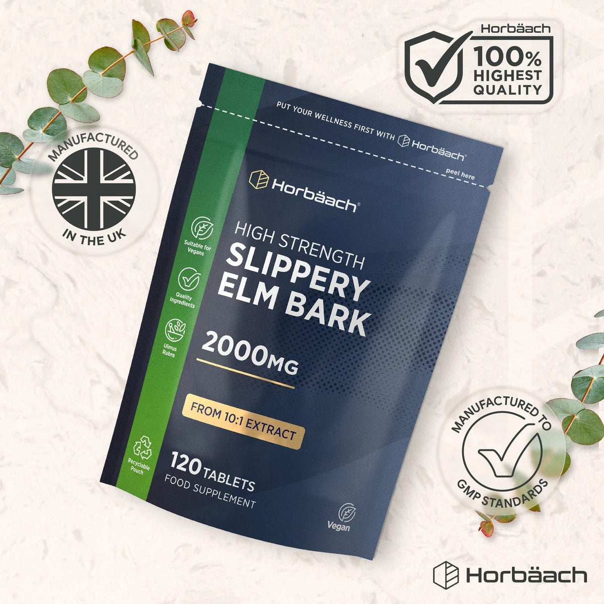 Horbäach High Strength Slippery Elm Bark 2000mg 120 Tablets Food Supplement shown.