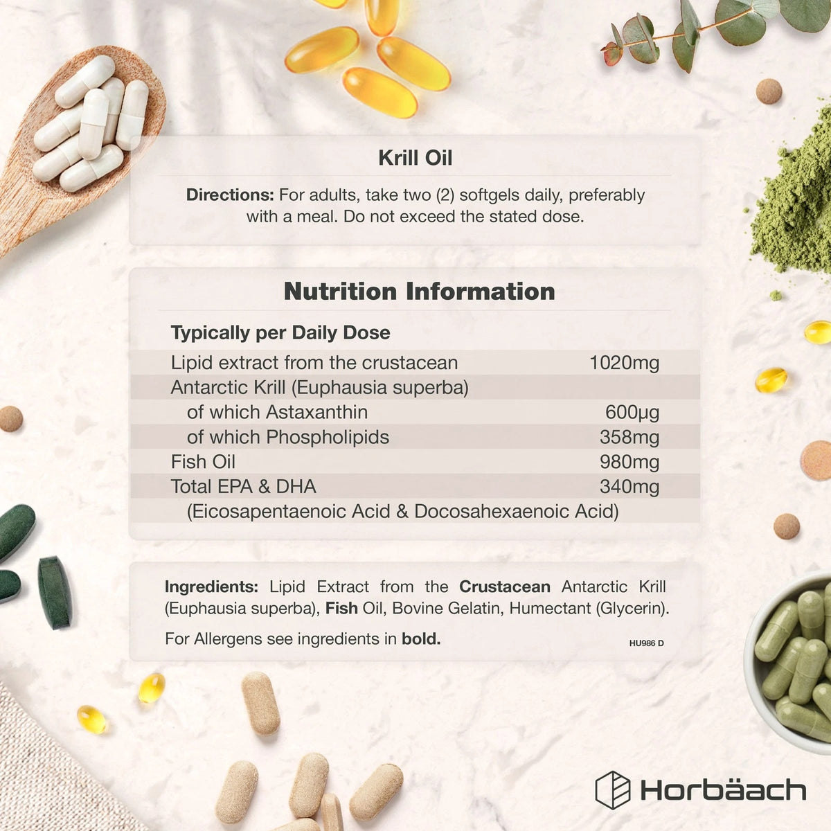 Krill Oil product graphic with directions, nutrition info for 1020mg Krill and 980mg Fish Oil, and ingredients list.