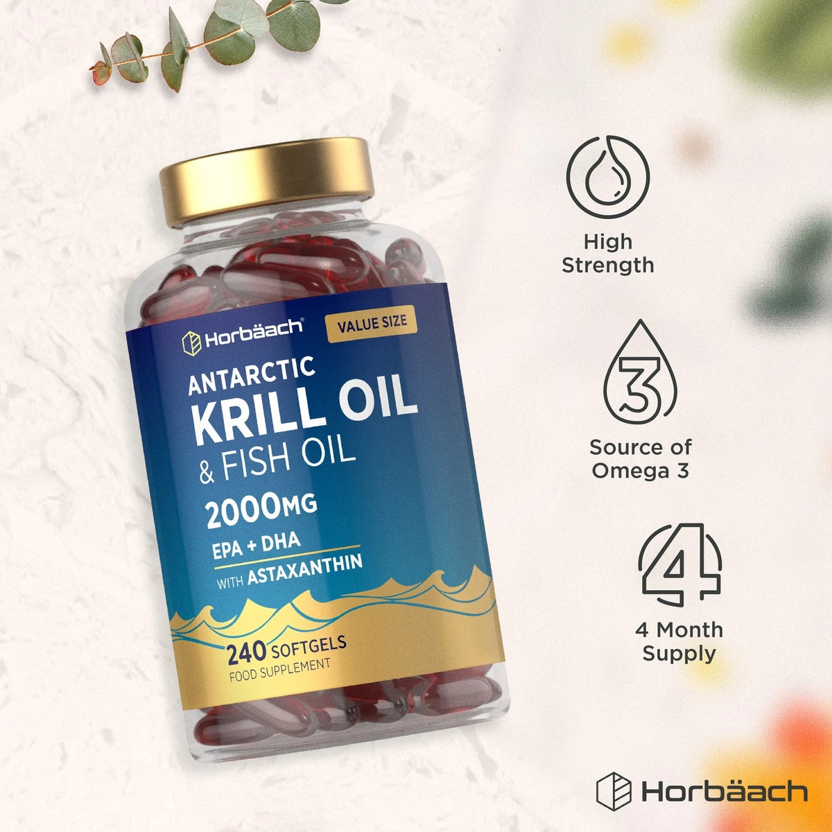 Horbäach Antarctic Krill Oil & Fish Oil 2000MG EPA + DHA with Astaxanthin, 240 softgels, value size food supplement.