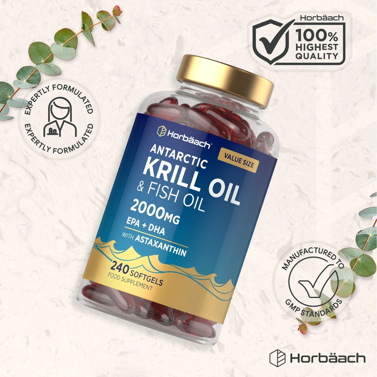 Horbäach Antarctic Krill Oil & Fish Oil 2000mg with Astaxanthin, available in 240 softgels.