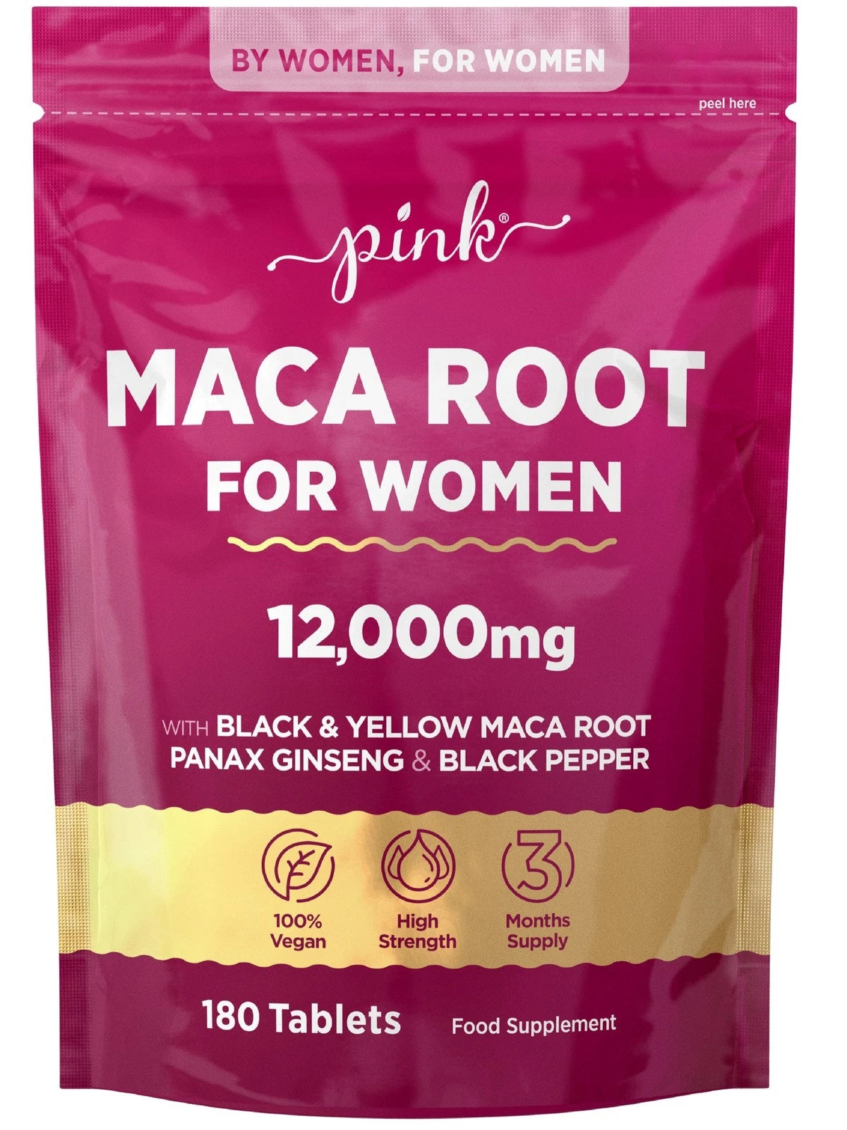 Maca Root For Women 12,000mg with Black & Yellow Maca, Panax Ginseng, Black Pepper, Vegan, 180 Tablets.