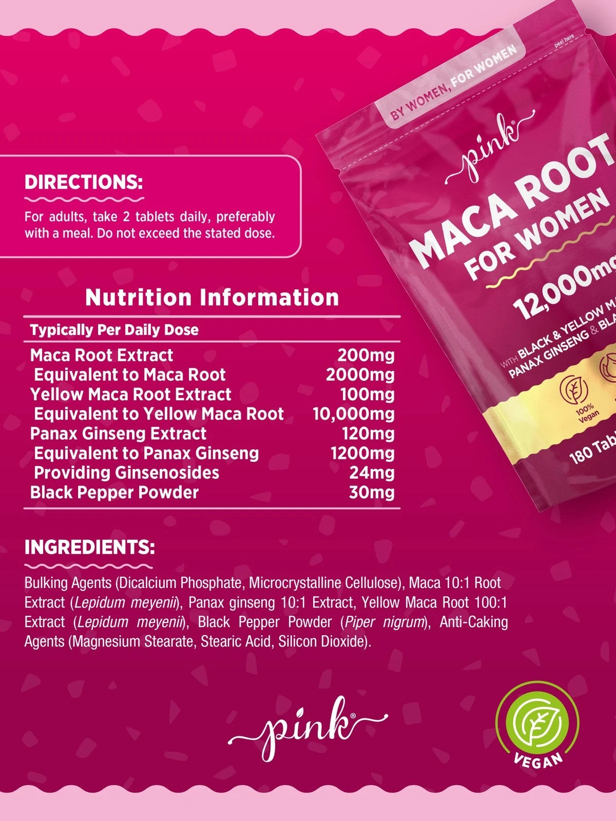 Pink Maca Root for Women tablets, 12000mg equivalent, 100% vegan, 180-count pouch.