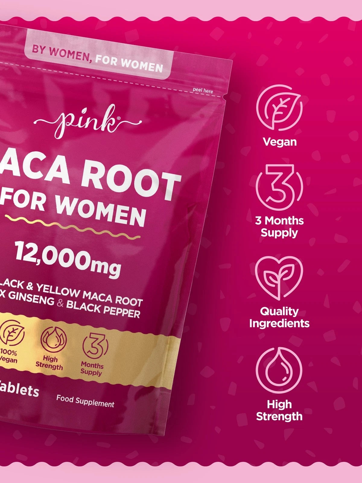 Pink Women's Maca Root 12,000mg Vegan Tablets pouch featuring Black & Yellow Maca, Ginseng, and Black Pepper.