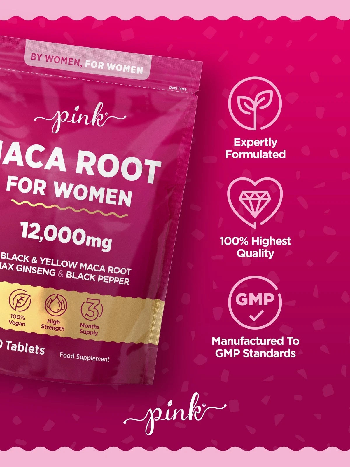 Maca Root supplement with 12,000mg Black & Yellow Maca, Panax Ginseng, and Black Pepper, 180 tablets.