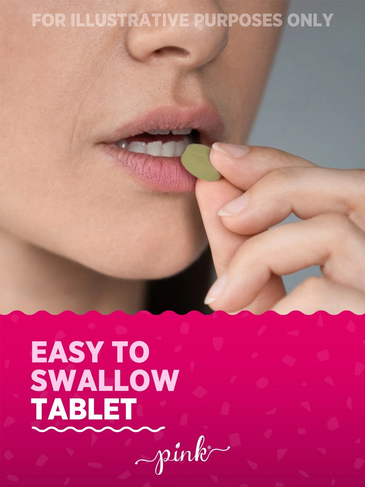 Woman swallowing Women's Maca Root 12000mg Vegan Tablet. Graphic text states 'EASY TO SWALLOW TABLET'.