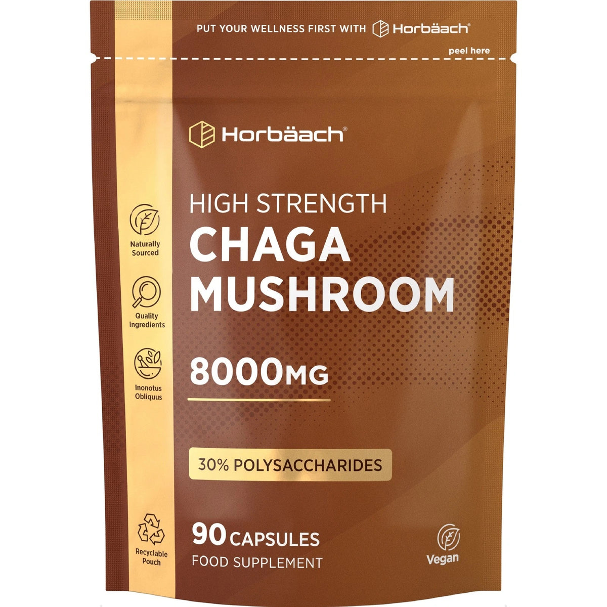 Horbäach High Strength Chaga Mushroom 8000mg, 90 Capsules, in a food supplement pouch.