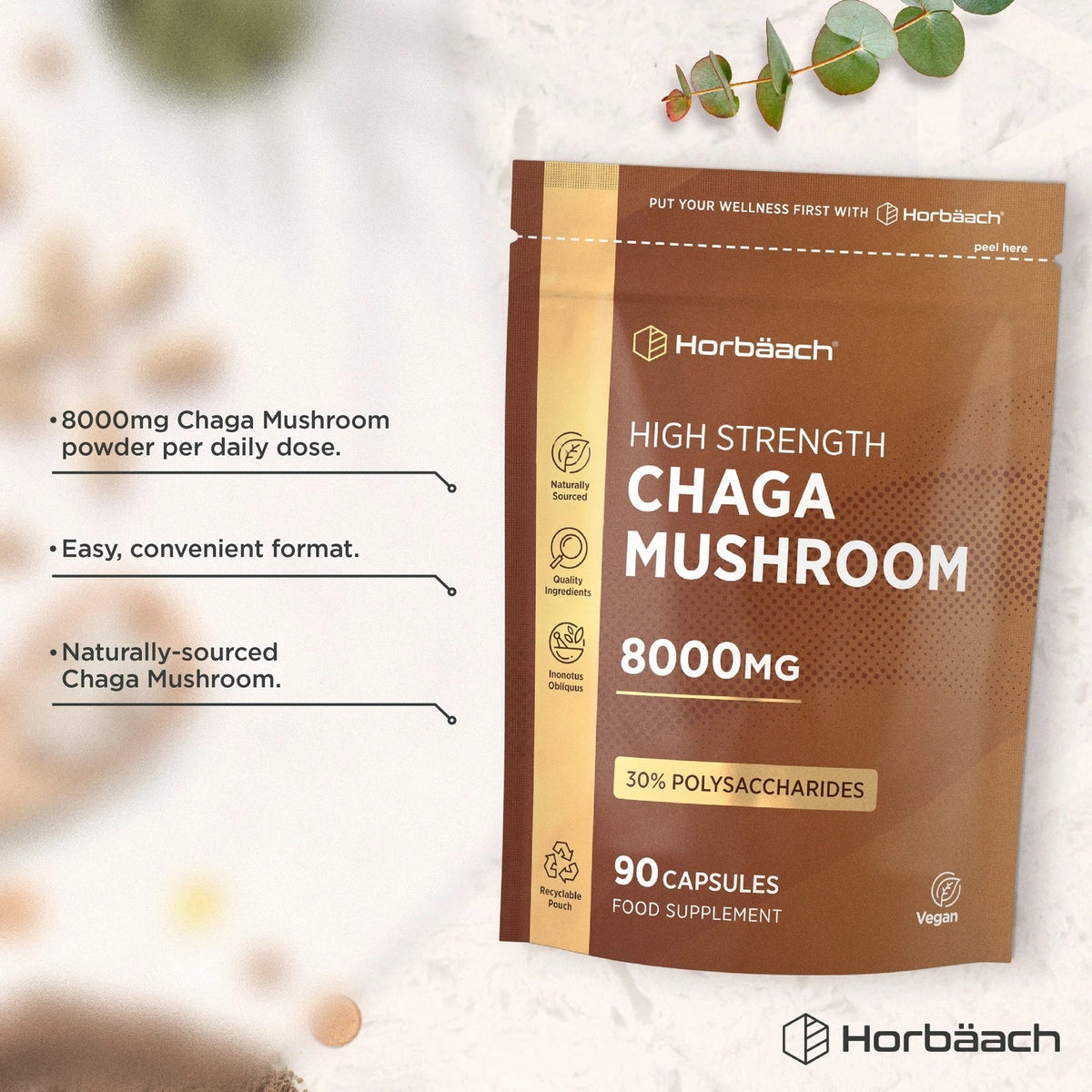 Horbäach High Strength Chaga Mushroom 8000mg, 30% polysaccharides, 90 capsules food supplement in a recyclable pouch.