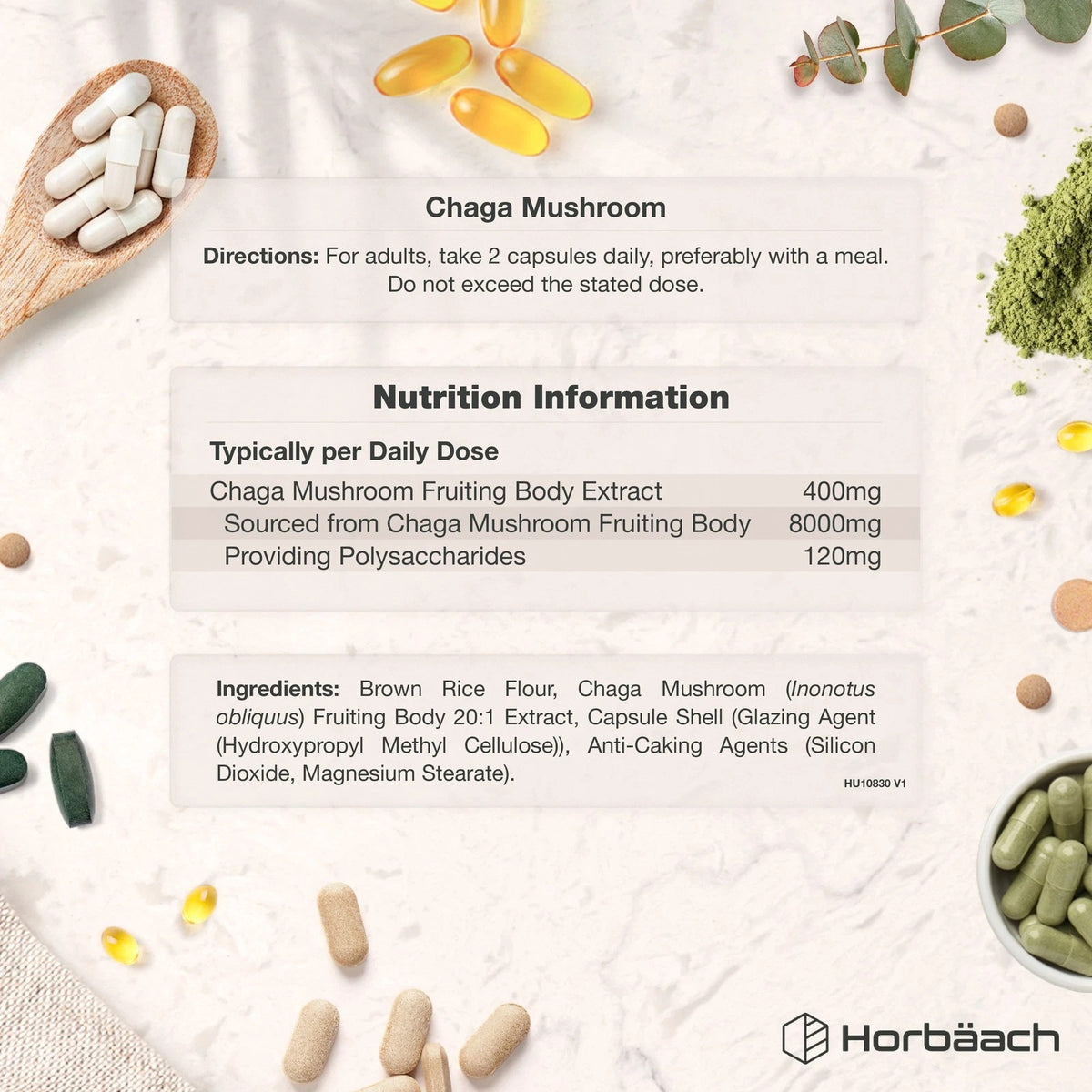 Graphic for Chaga Mushroom 8000mg capsules. Directions: 2 capsules daily. Provides 400mg Chaga Fruiting Body Extract, 120mg Polysaccharides.