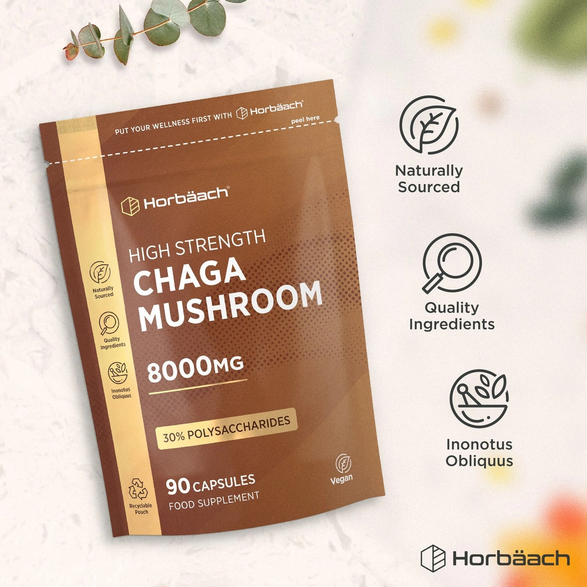 Horbäach Chaga Mushroom 8000mg, 90 Capsules, High Strength Food Supplement, with 30% Polysaccharides, Vegan, Recyclable Pouch.