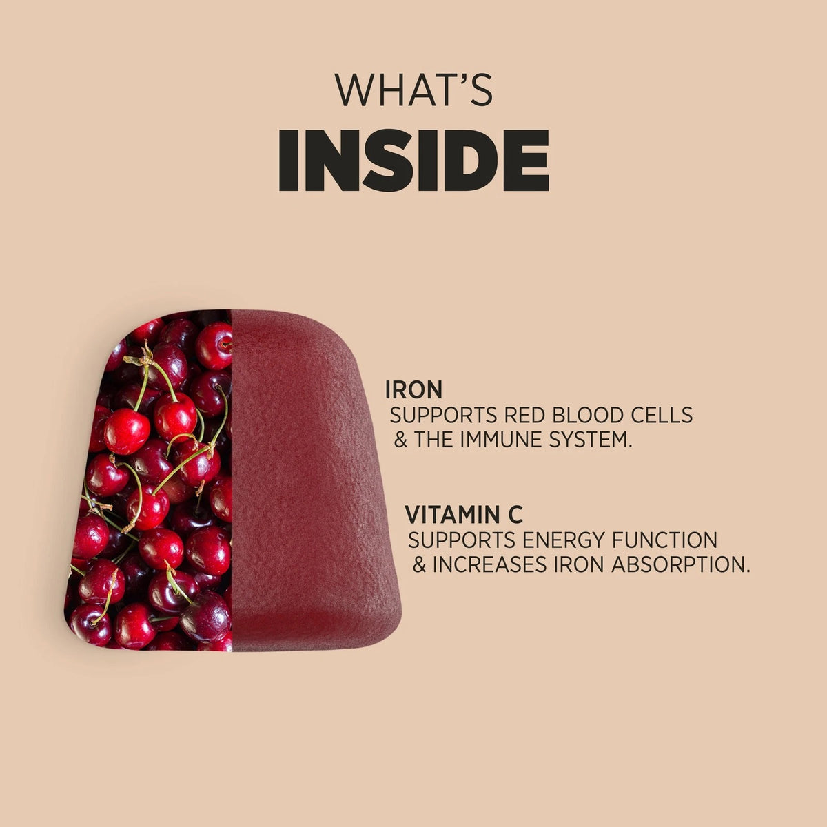 Product highlights graphic stating IRON: SUPPORTS RED BLOOD CELLS & THE IMMUNE SYSTEM, VITAMIN C: SUPPORTS ENERGY FUNCTION & INCREASES IRON ABSORPTION.