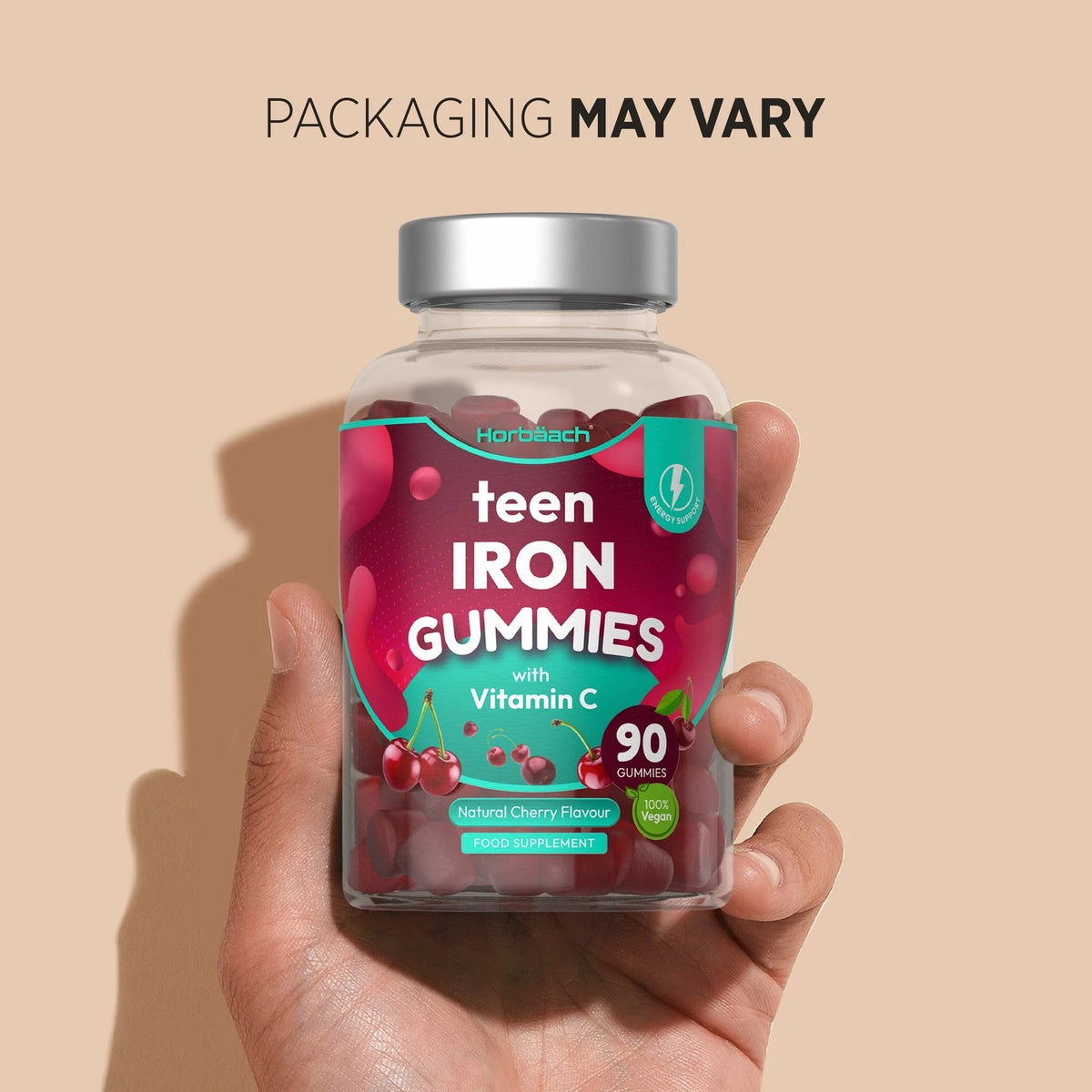 Horbaach teen Iron Gummies with Vitamin C in natural cherry flavor, 90 gummies, vegan, supports energy.