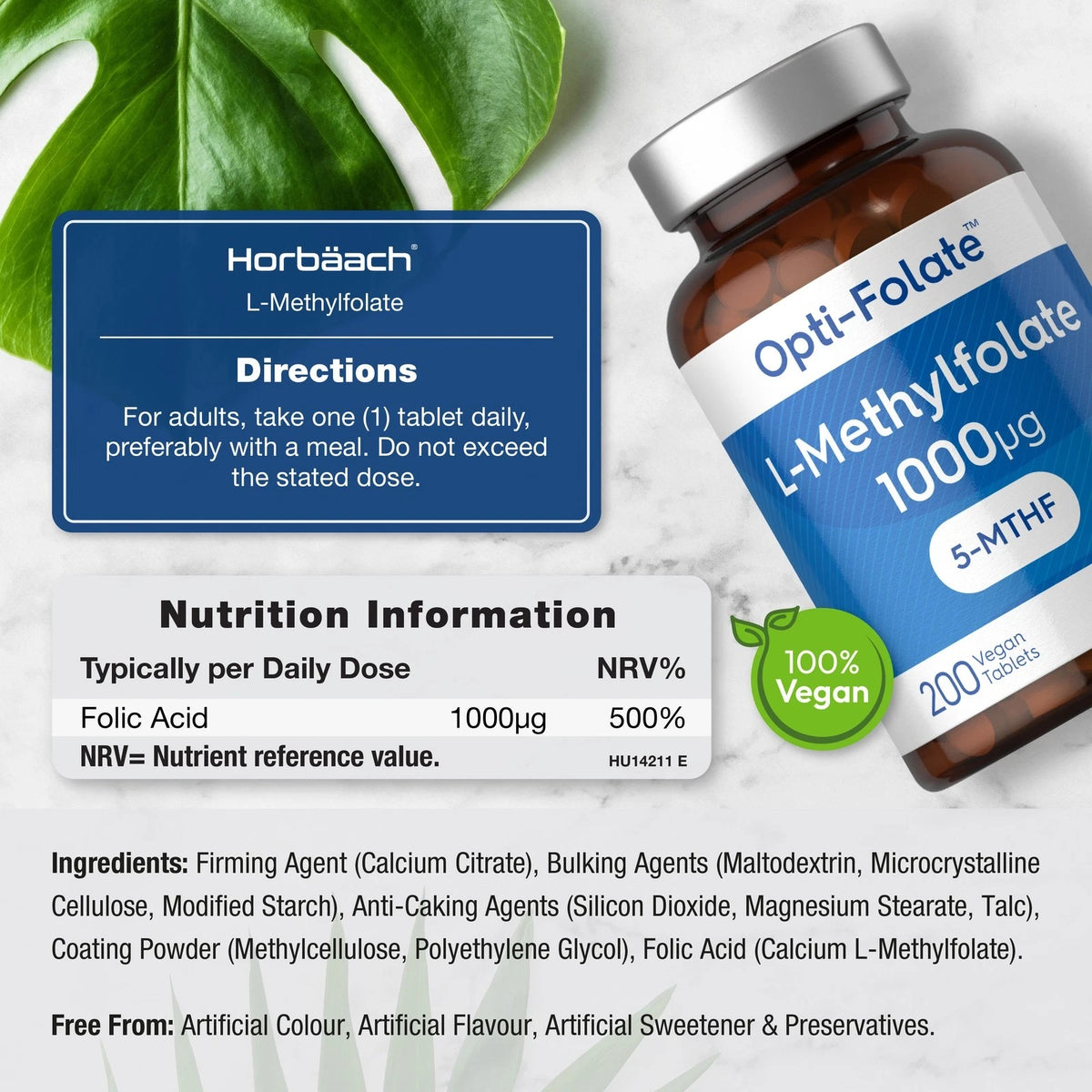 Horbäach Opti-Folate L-Methylfolate 1000µg 5-MTHF, 200 Vegan Tablets in a clear bottle.