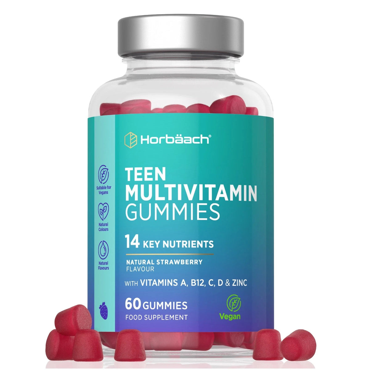 Horbäach Teen Multivitamin Gummies, Natural Strawberry Flavor, 60 Gummies, Vegan, with Vitamins A, B12, C, D, and Zinc.