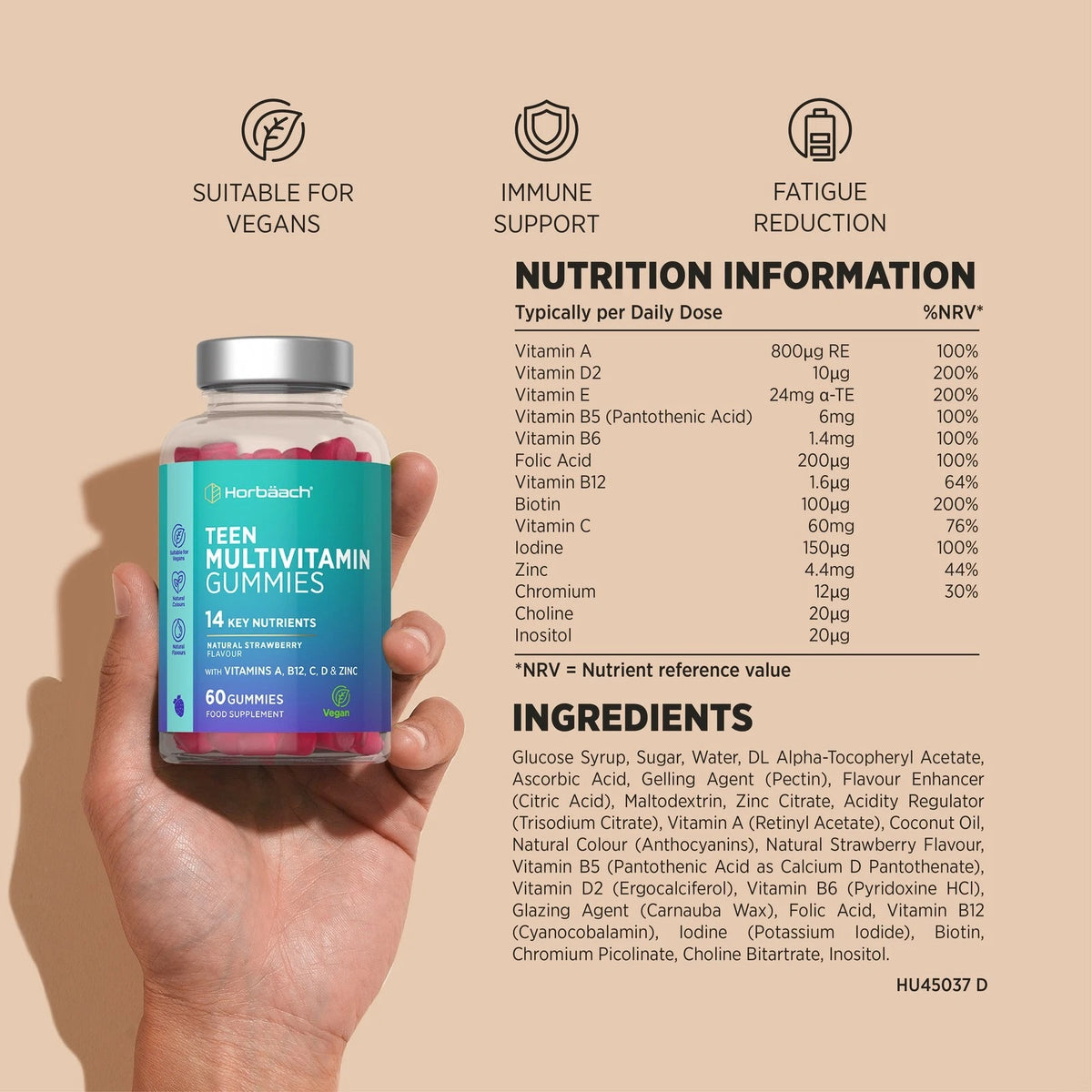 Teen Multivitamin Gummies offer natural strawberry flavor, 60 vegan gummies with 14 essential nutrients.