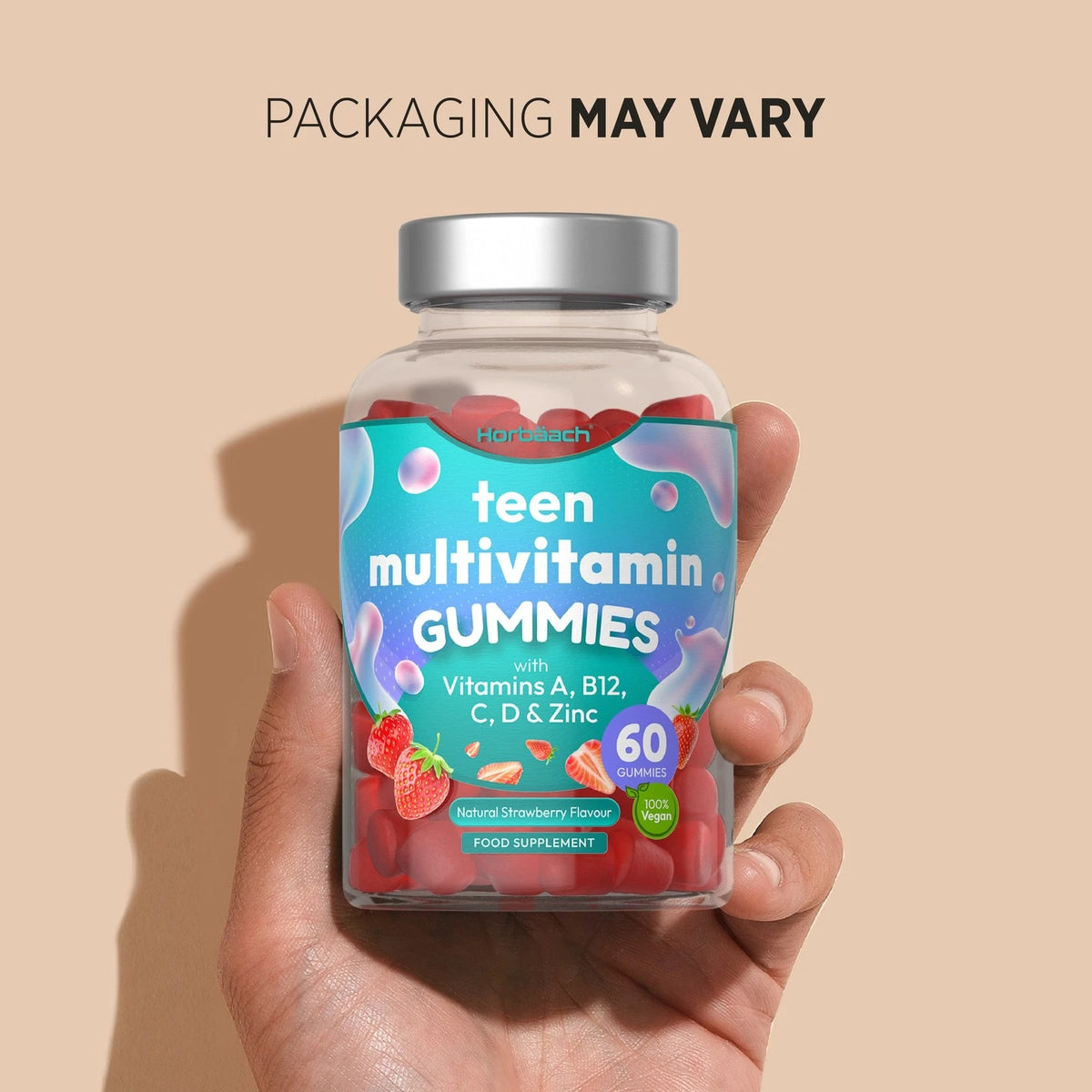 Horbäach Teen Multivitamin Gummies with Vitamins A, B12, C, D, and Zinc, 60 vegan, natural strawberry flavor.