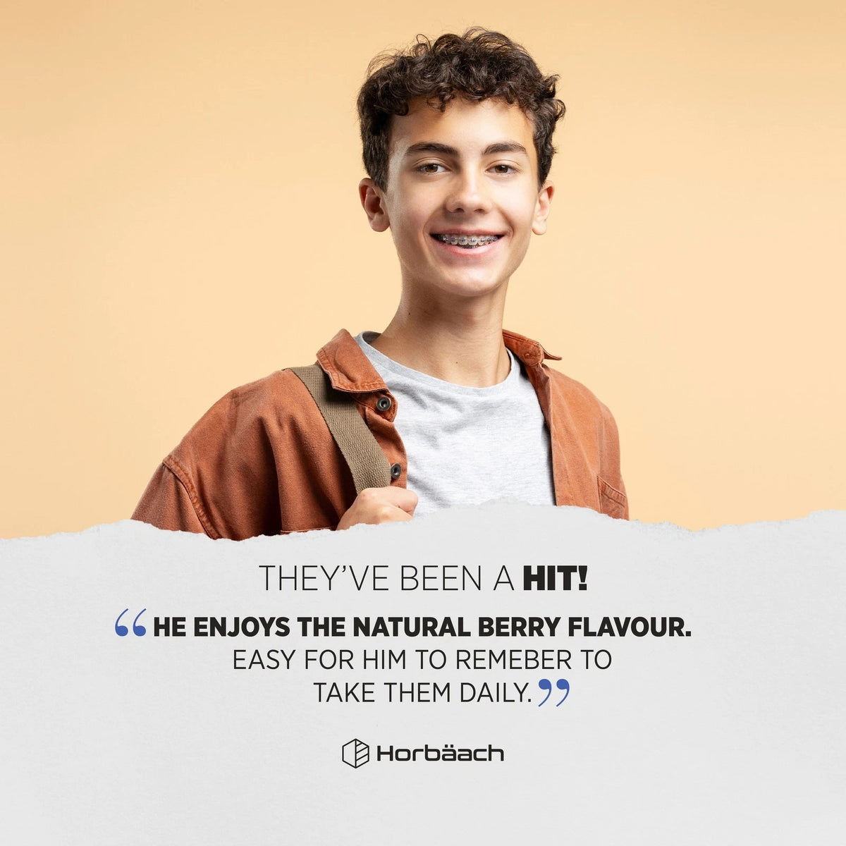 Smiling young male with braces. Graphic testimonial: 'They've been a hit! He enjoys natural berry flavour, easy for him to remeber daily.'