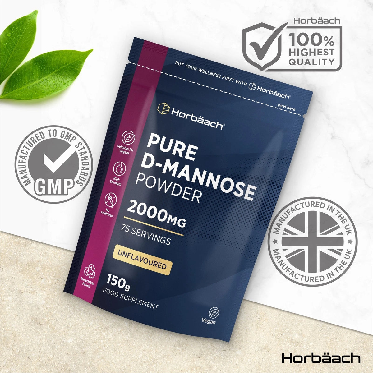 Pure D-Mannose 2000mg powder, 150g, 75 servings, in recyclable pouch. Vegan, high strength, no additives.