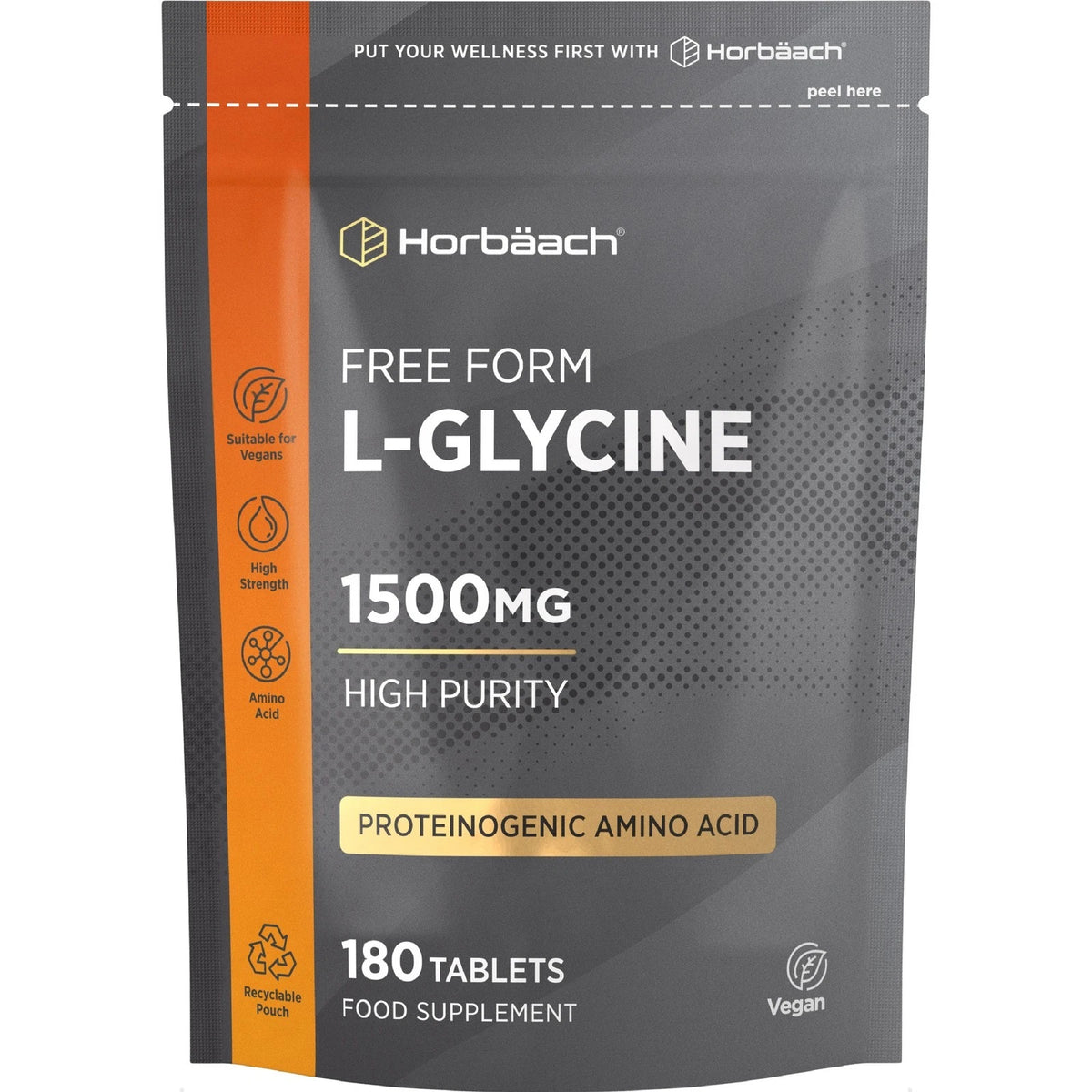 Horbäach Free Form L-Glycine 1500mg, 180 Vegan Tablets Supplement in a recyclable pouch.