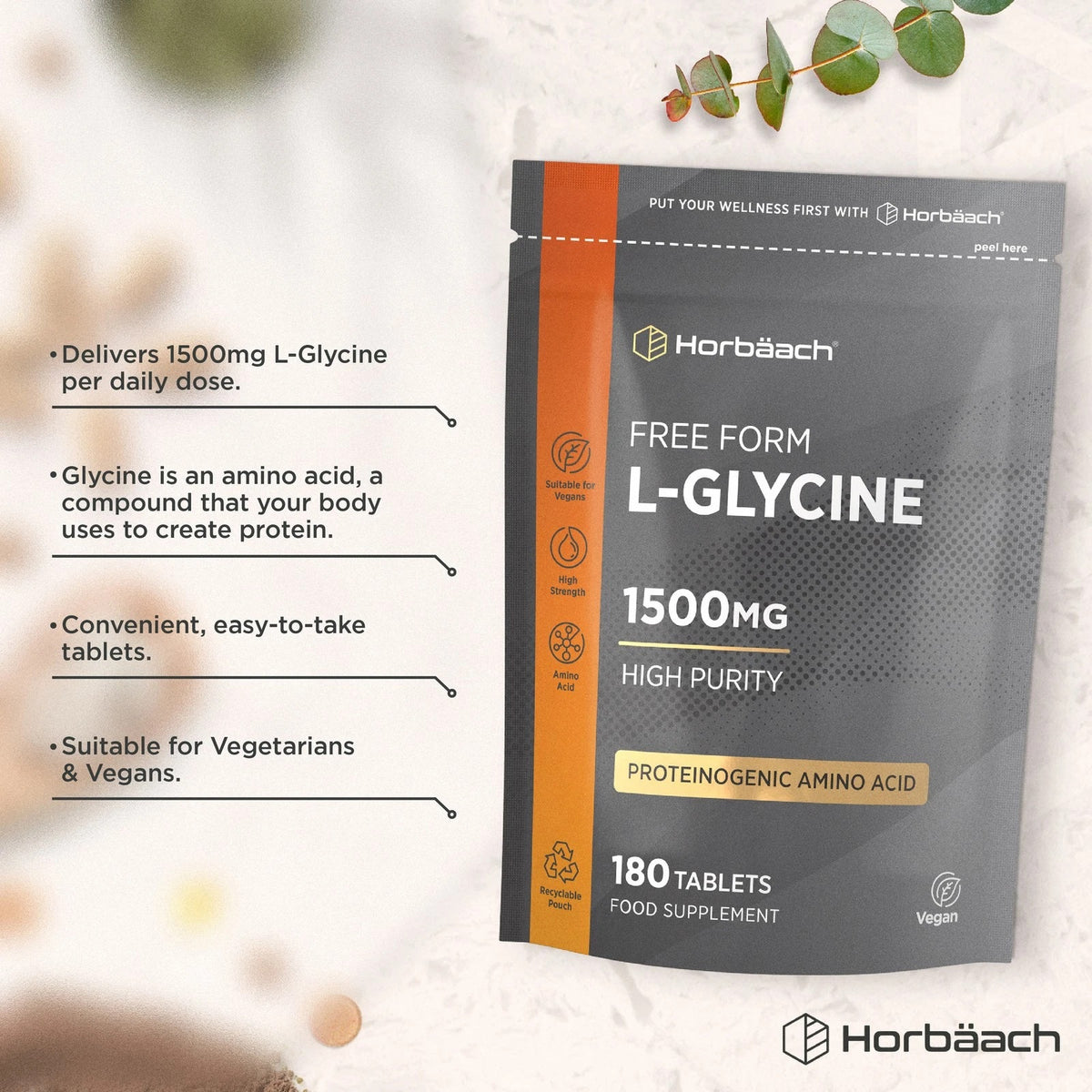 Bottle of Free Form L-Glycine 1500mg with 180 vegan tablets, a dietary supplement for health support.