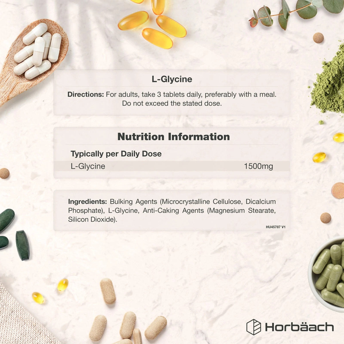L-Glycine 1500mg tablets bottle, shown with directions, nutritional info, and ingredients in a graphic display.