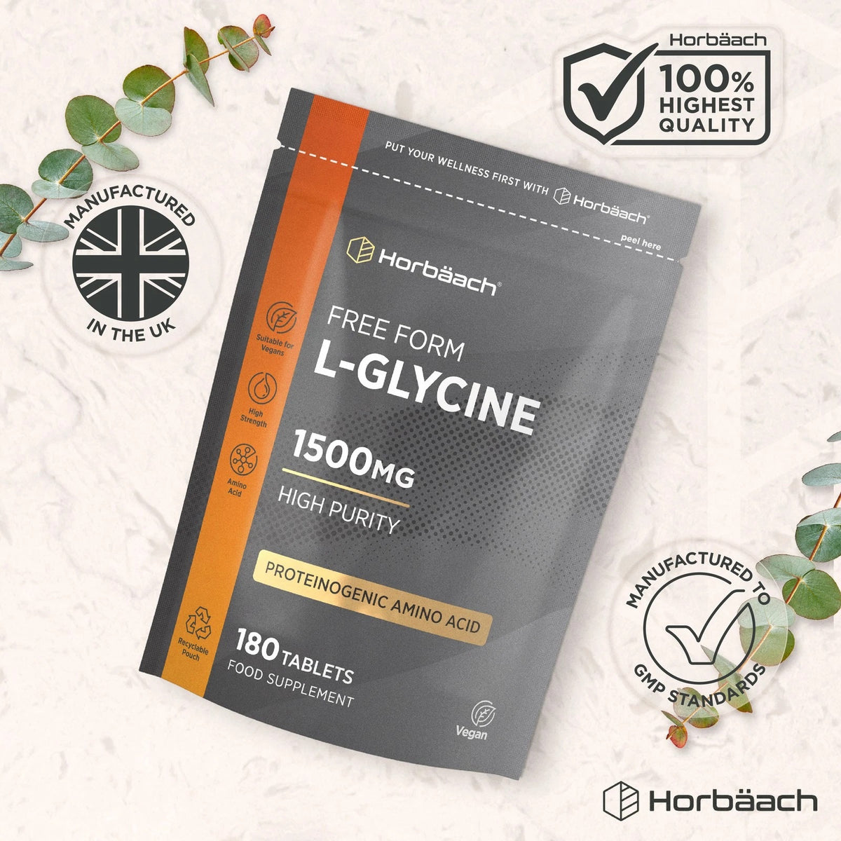 Free Form L-Glycine 1500mg, 180 tablets in food supplement pouch, offering amino acid support.