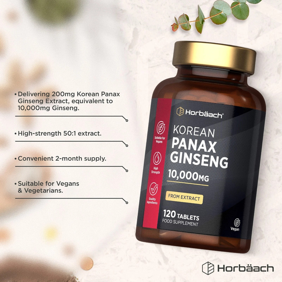 Horbäach Korean Panax Ginseng 10,000MG supplement with 120 tablets. 200mg extract, high strength, suitable for vegans.