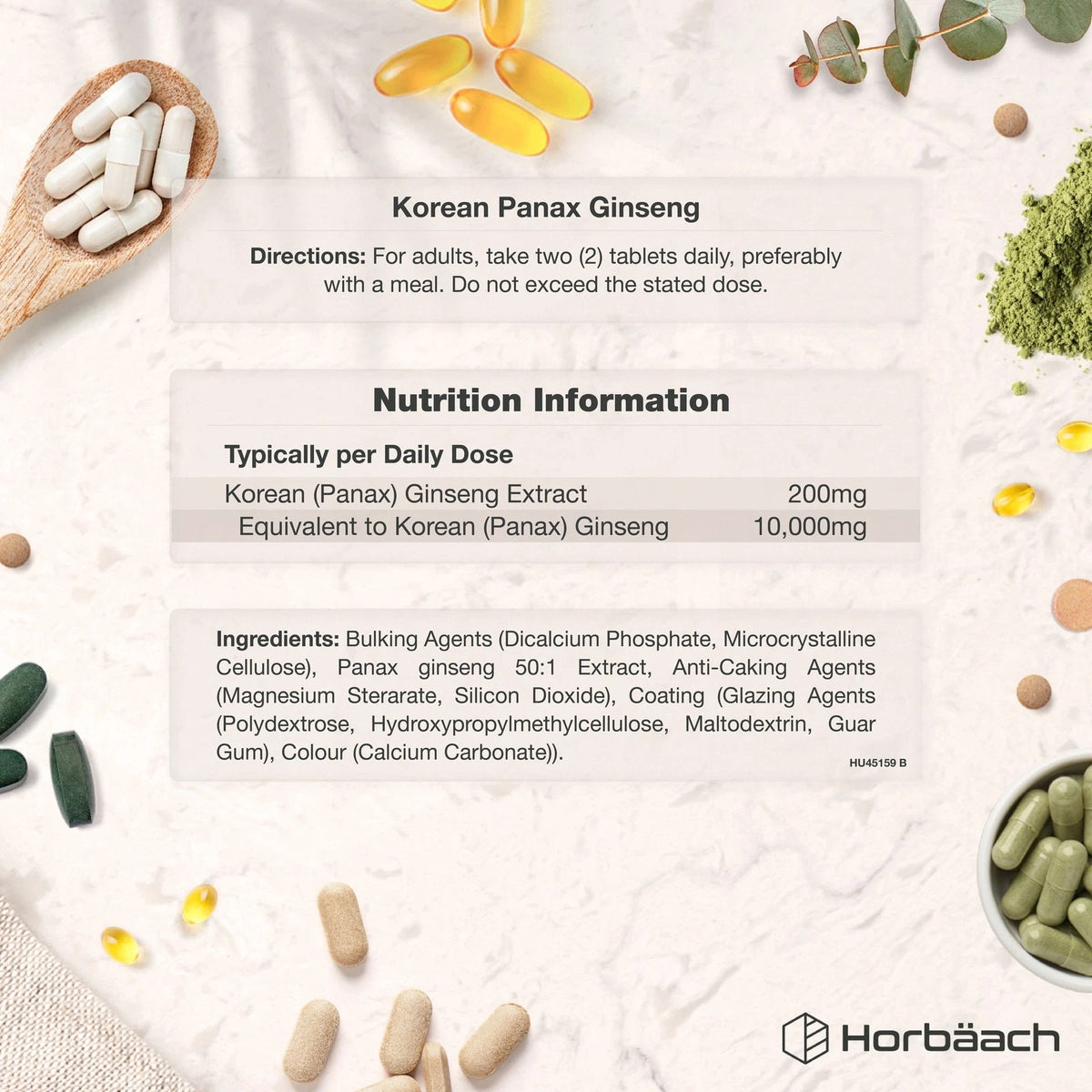 Korean Panax Ginseng 10000mg vegan capsules. Graphic includes directions, nutrition info, and ingredients list.