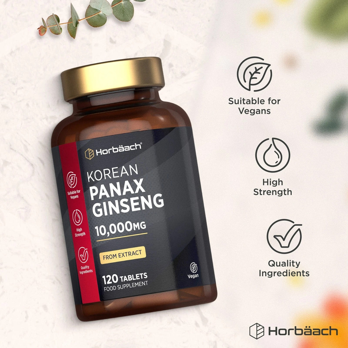 Korean Panax Ginseng 10,000MG from extract in a bottle of 120 tablets, used as a food supplement.